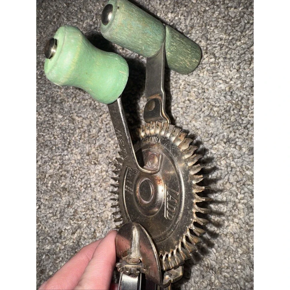 Vtg LADD Hand Crank Egg Beater Mixer Green Wood Handle Farmhouse Antique NY USA